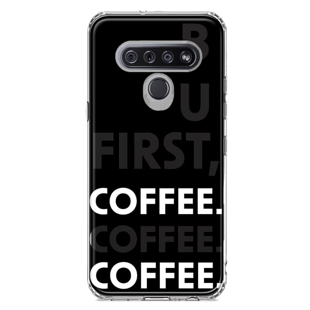MUNDAZE LG K51 Shockproof Clear Hybrid Protective Phone Case Black Clear Funny Text Quote But First Coffee Cover