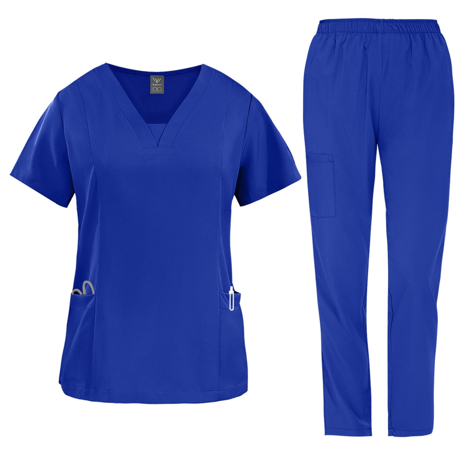 JULMCOMO Scrubs for Women Set V Neck Short Sleeve Hospital Nursing Scrub Top Comfy Elastic Waist Pants Medical Uniforms with Multi Pockets Royal Blue L