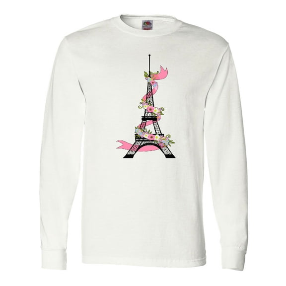 Inktastic Eiffel Tower in Paris with Flowers and Pink Banner Long Sleeve T-Shirt