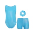 thumbnail image 3 of TSSOE Girls Glossy Dance Leotard and Shorts Set Sleeveless Criss-Cross Back Bodysuit Top + Shorts Scrunchies for Ballet Light Blue 7-8, 3 of 7