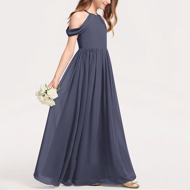 Qodauz Cold Shoulder Junior Bridesmaid Dress for Wedding Chiffon Flower  Girl Piano Performance Flowy Elegant Halter Maxi Dress for 3-12 Years Orange  - Walmart.com