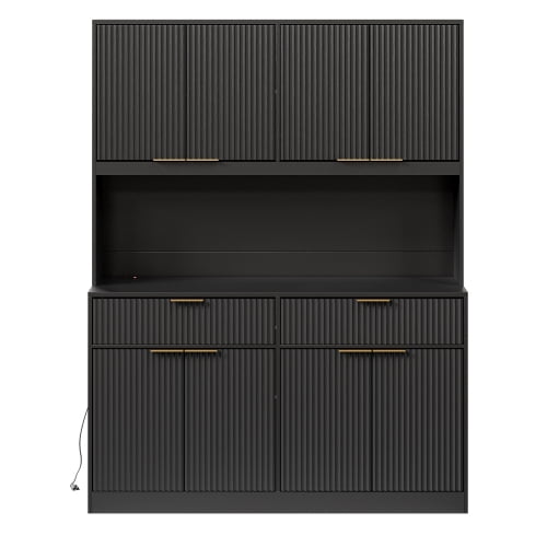 71" Tall Kitchen Pantry Cabinet with Power Outlet and Open Countertop, Modern Multi-Functional Storage Hutch Cabinet for Dining Room, Entryway and Living Room, Black