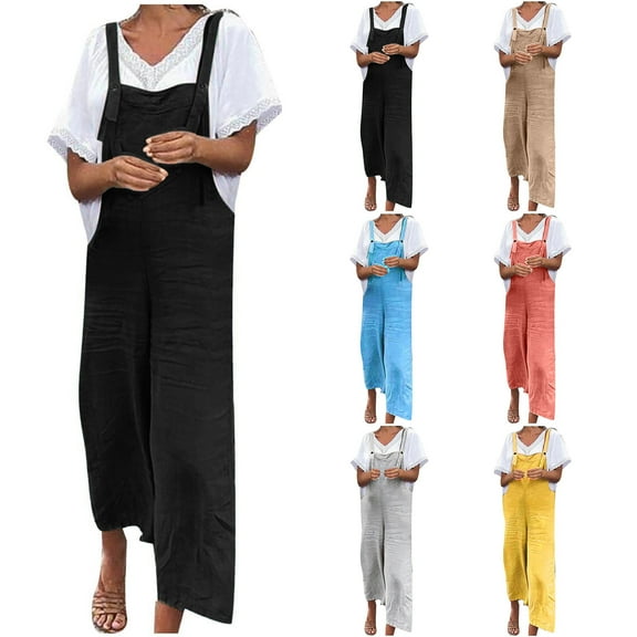 ZZwxWA Womens Casual Overalls Cotton Linen Adjustable Straps Baggy Pants Wide Leg Jumpsuits with Pockets Solid Color