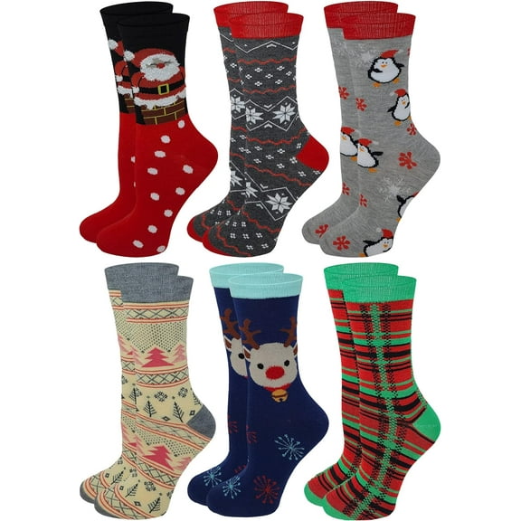 Sumona 6 Pairs Women Christmas Holidays  Novelty Design Crew Socks 9-11