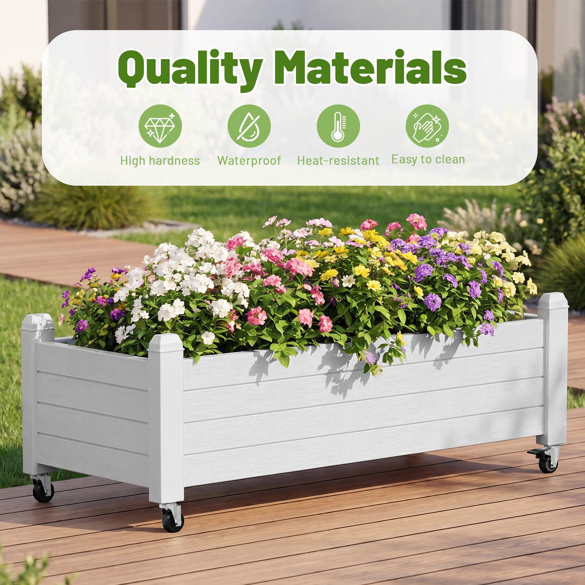 Nihsuao Mobile Raised Garden Bed with Lockable Wheels, Weather-Resistant Wood-Grain Planter Box for Patio, Balcony, Herb & Vegetable Growing, White