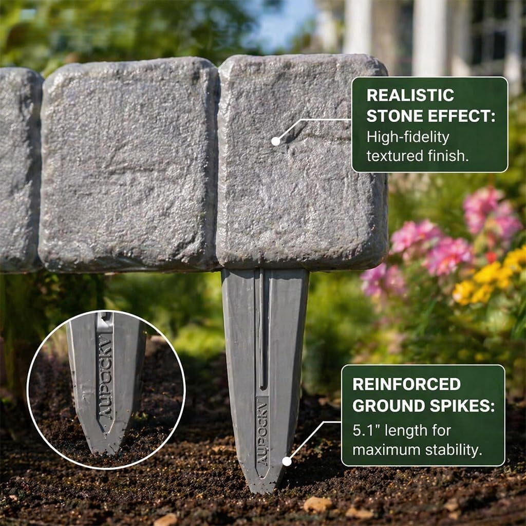 Stone Look Garden Edging Border Fence, Interlocking Plastic Landscape Edging with Built-In Stakes for Flower Beds, Lawn, Pathway & Yard Decor, Weather Resistant Outdoor Border Panels, Black,20pcs