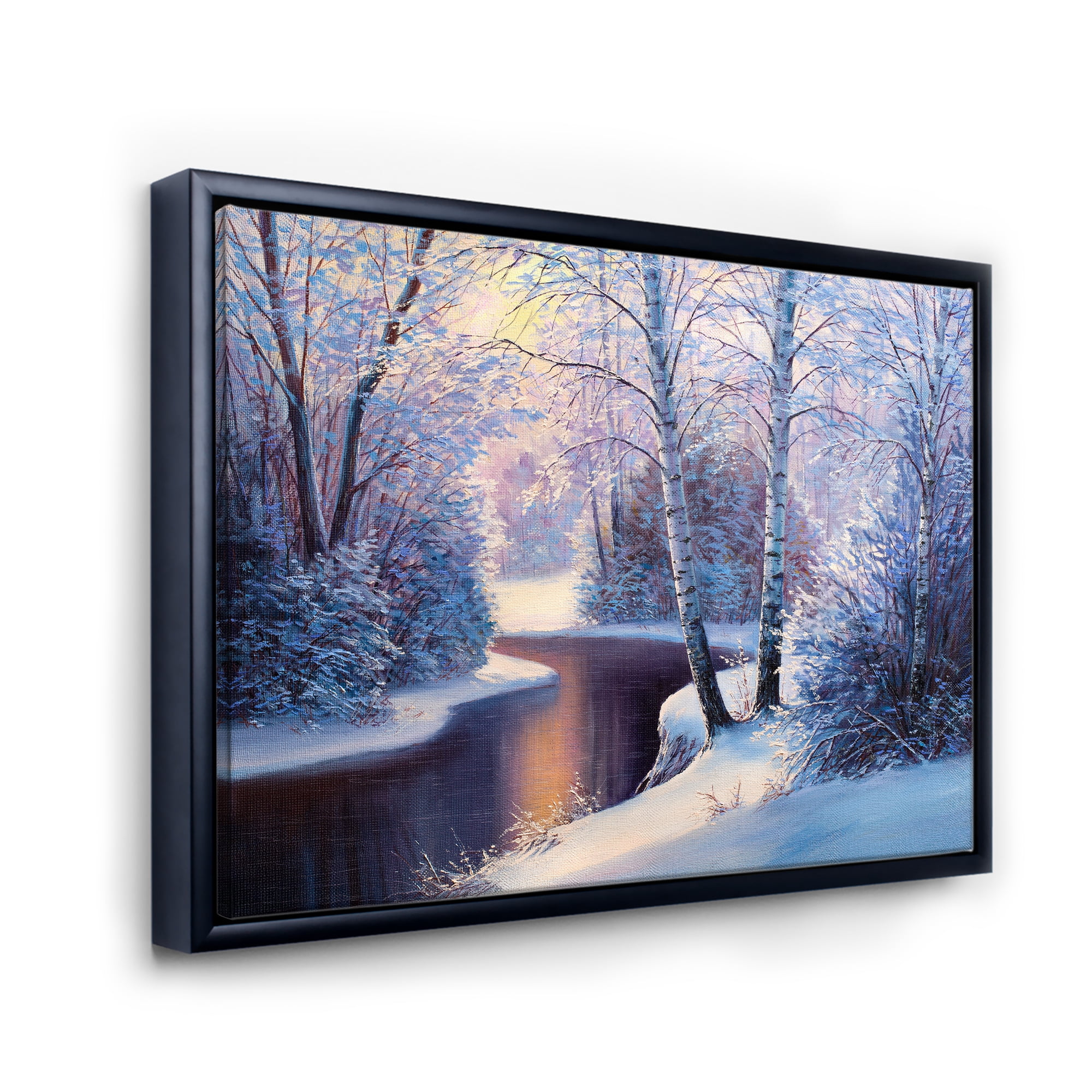 Designart 'Christmas Forest With Trees and River I' Traditional Framed Canvas Wall Art Print