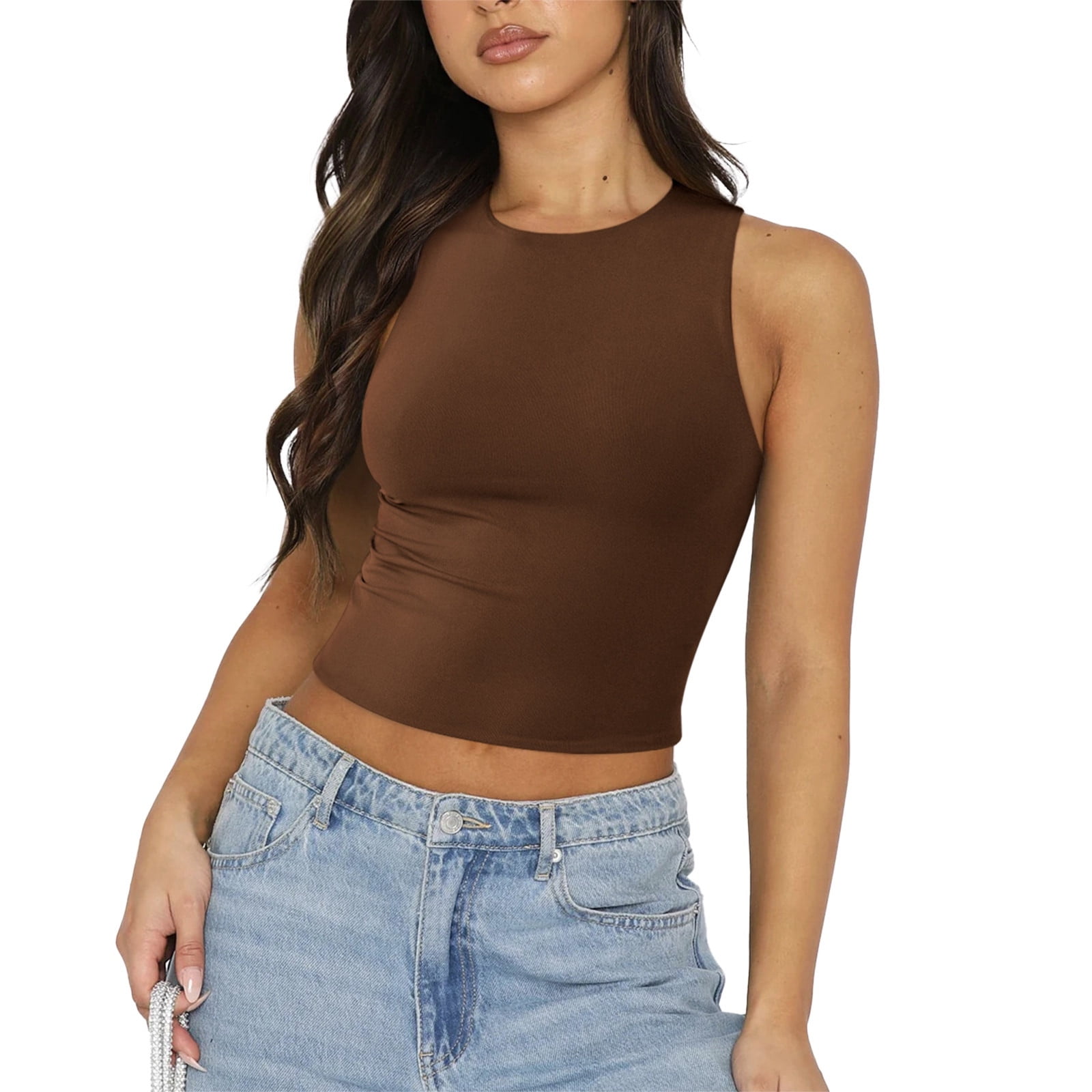 EHQJNJ Spaghetti Strap Tank Top V Neck Built in Bra Solid