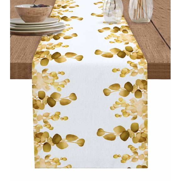 ERUNPONLY Yellow Botanical Table Runner - 90 Inch Long Watercolor Spring Eucalyptus Leaves Cotton and Linen Blended Dress Scarves Farmhouse Table Runner for Kitchen Dining, Coffee Table, 13" x 90"