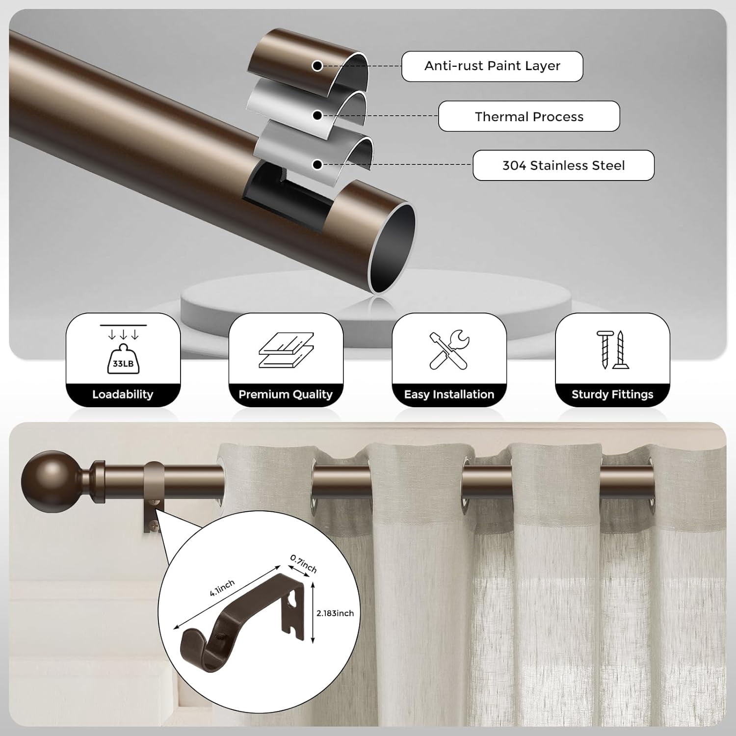 UniMall 2 Pack Bronze Curtain Rod, 1 Inch Adjustable Heavy Duty Curtain Rods for Windows 48 to 84 Inch, Decorative Modern Window Treatment Rods, Splicing Metal Drapery Pole, Easy Installation