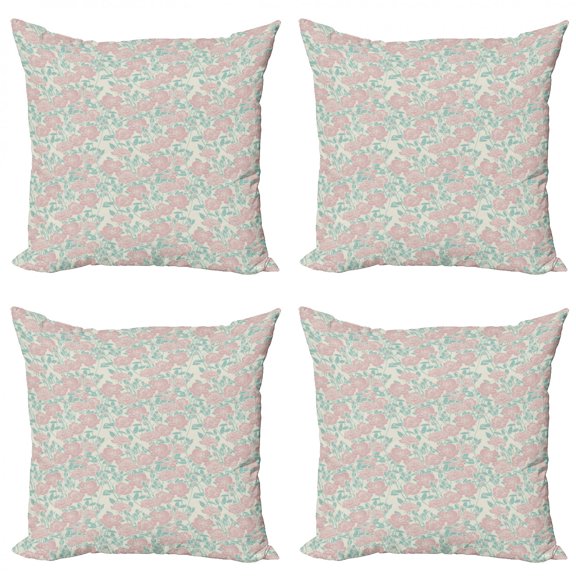 Rose Throw Pillow Cushion Case Pack of 4, Romantic Floral Art with Tender Spring Roses Blossoming in Garden, Modern Accent Double-Sided Print, 4 Sizes, Almond Green Champagne, by Ambesonne
