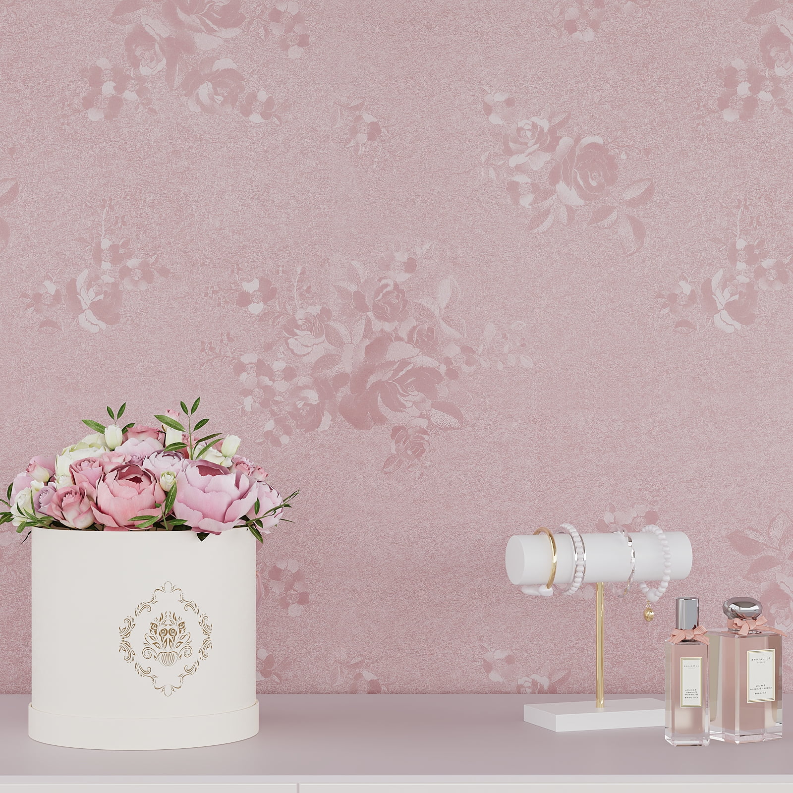 VEELIKE Light Pink Wallpaper Peel and Stick Wallpaper for Bedroom 15.7"x354" Self Adhesive Pink Floral Wallpaper for Cabinets Drawers Pink Contact Paper Removable Textured Vinyl Wallpaper for Walls