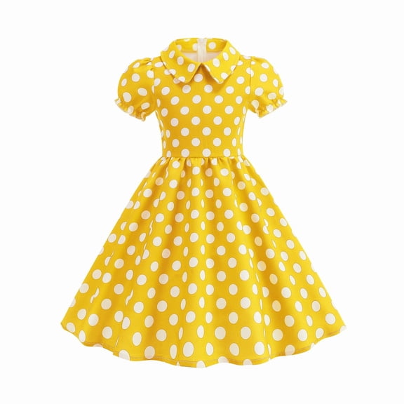 TIREOW Girls Cute Dress Vintage Polka Dot Peter Pan Collar Puff Short Sleeve Dresses Swing Party Rockabilly Dress Wedding Casual Dress