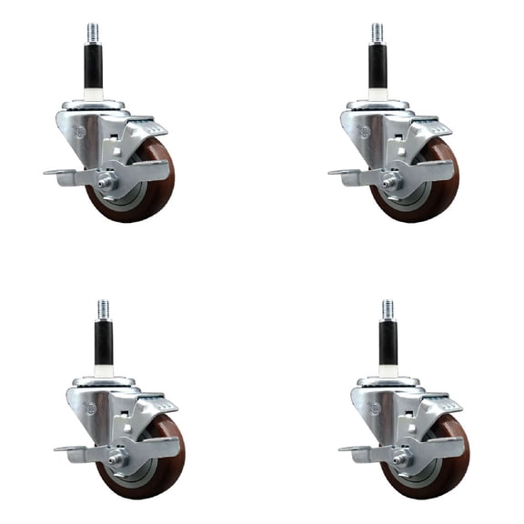 3 Inch Maroon Poly Swivel 7/8 Inch Expanding Stem Caster Set with Brake SCC