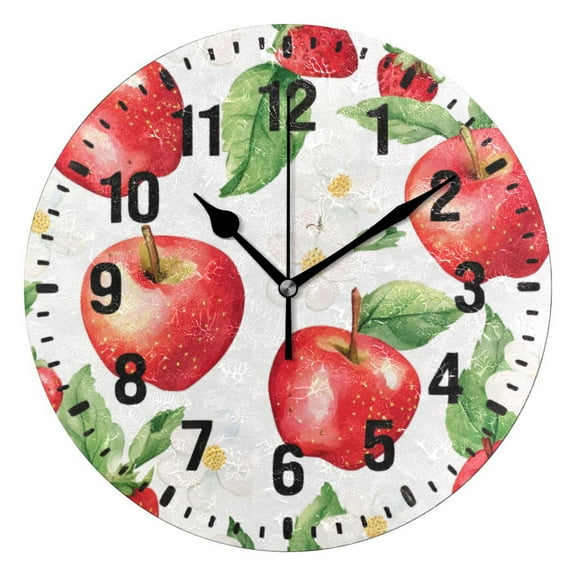 Yayeee 10" Wall Clock Battery Operated Quartz Round Silent Non-Ticking Home Decor, White Apple Pattern
