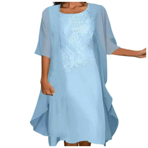 Conjunto de vestido de dos piezas de gasa y encaje para mujer: color liso, elegante e informal, material de poliéster