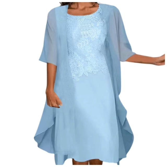 Conjunto de vestido de dos piezas de gasa y encaje para mujer: color liso, elegante e informal, material de poliéster