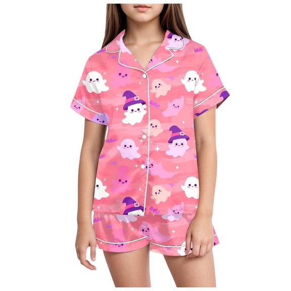 Vedolay Halloween Pajama Set Ghost Pumpkin Print Girls Silk Pjs Short Sleeve Button Down Sleepwear with Shorts Set Tween Pajamas