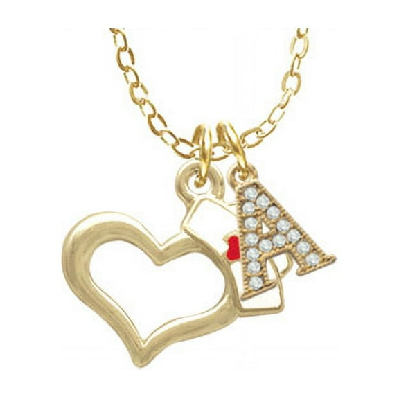 Gold Tone Open Heart with Nurse Hat - A - Gold Tone Crystal Initial Sophia Necklace, 18" 1"
