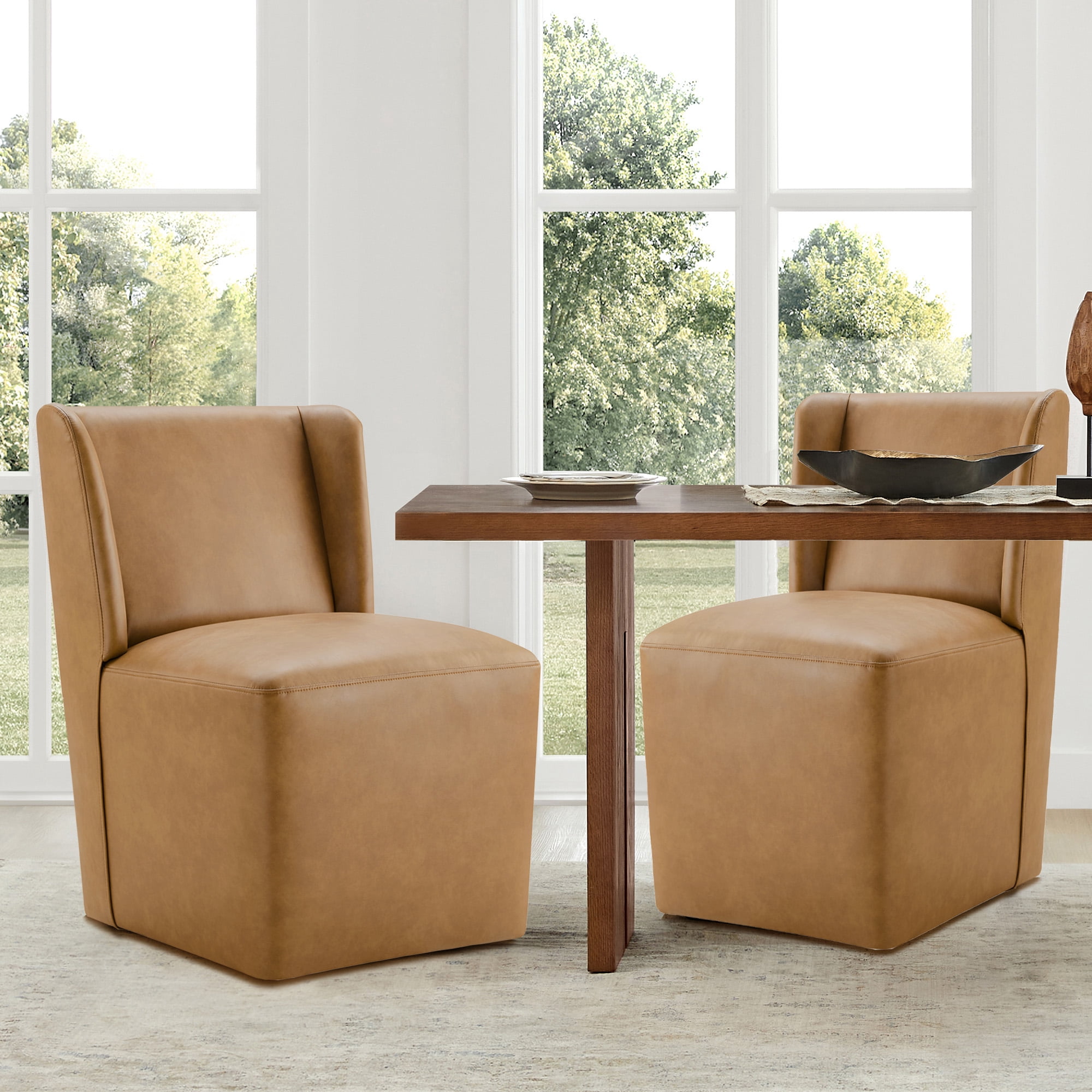 Spruce & Spring Anywhere Faux Leather Dining Chair with Hidden Detachable Casters, Multipurpose Upholstered Accent Chair, Brown