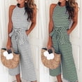 thumbnail image 4 of Primavera y verano Moda europea y americana Pantalones casuales ajustados con cordones sexy a rayas con cuello redondo para mujer, 4 of 6