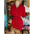 thumbnail image 3 of Red Collared Single-Breasted Tie-Waist Short Sleeve Shirt Dress With Ruched Detail, 3 of 5