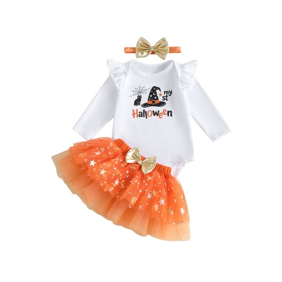 RUINIXCW Baby Girl Halloween Outfit Printed Long Sleeve Romper Tulle Skirt Headband