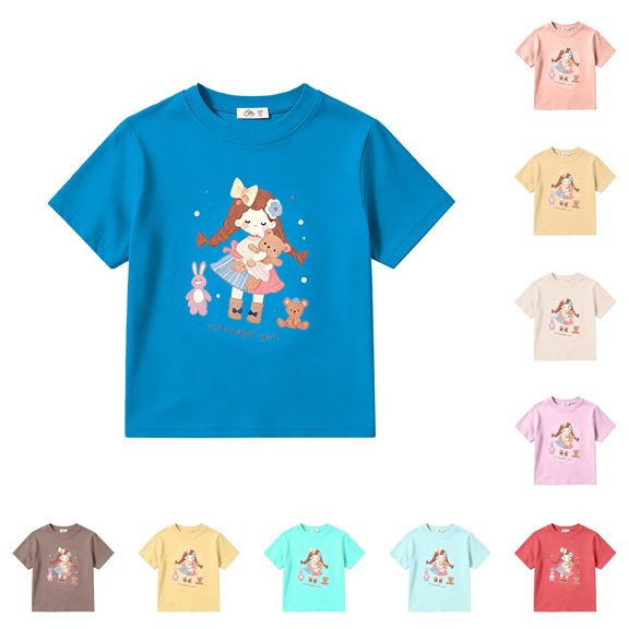 SGMVNU Girls T Shirts Casual Relaxed Fit Crew Neck Short Sleeve Cute Cartoon Girl Graphic Top Kids Summer Clothes, Size 4-5 Years, Blue