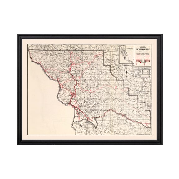 San Luis Obispo Art, 1935 Vintage Map of San Luis Obispo California, CA History Wall Decor Gift, Old San Luis Obispo Map - 24" x 18" Black Framed Print