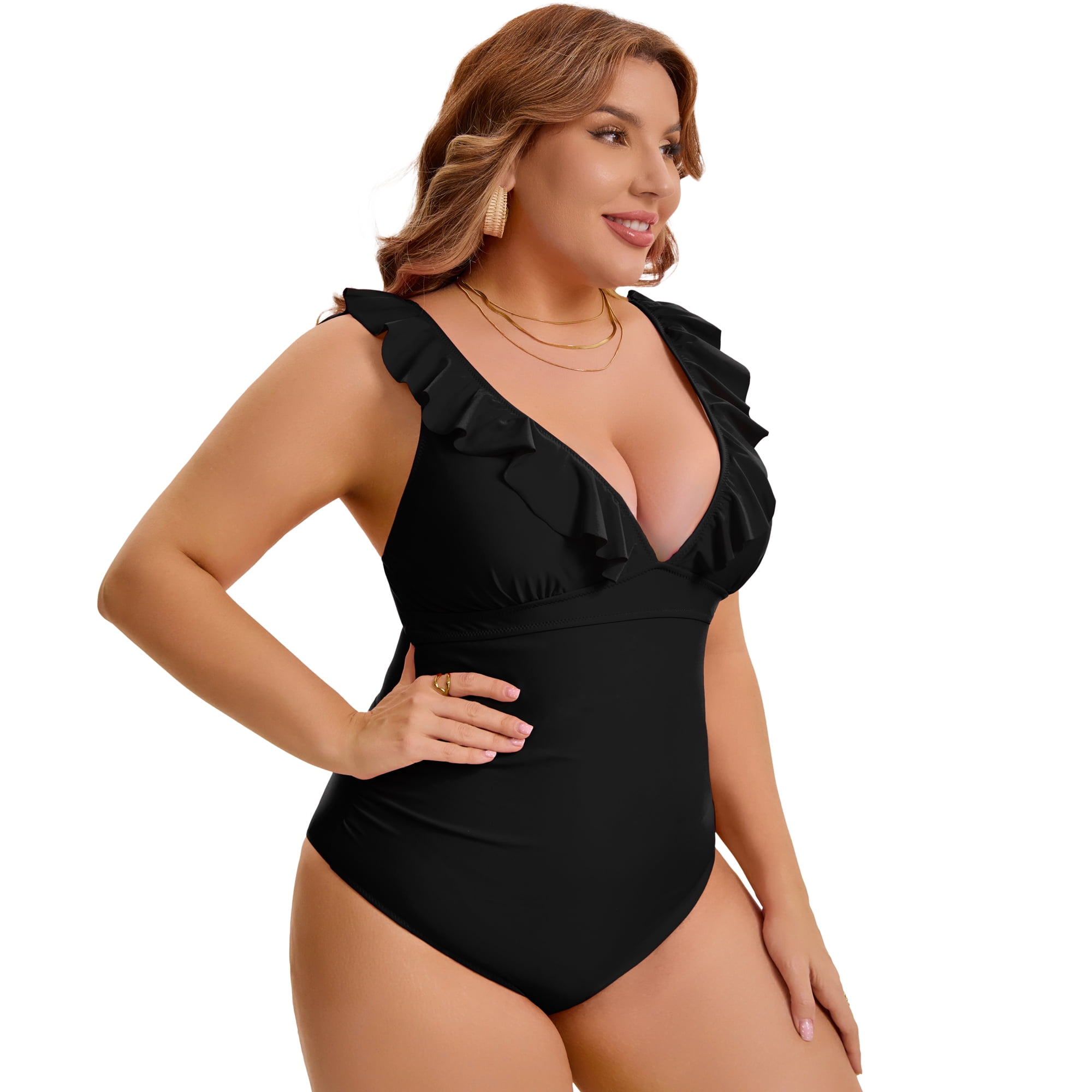 DARING DIVA Women's Plus Swimsuit Ruffled V Neck Tummy Control Bathing Suit L Black