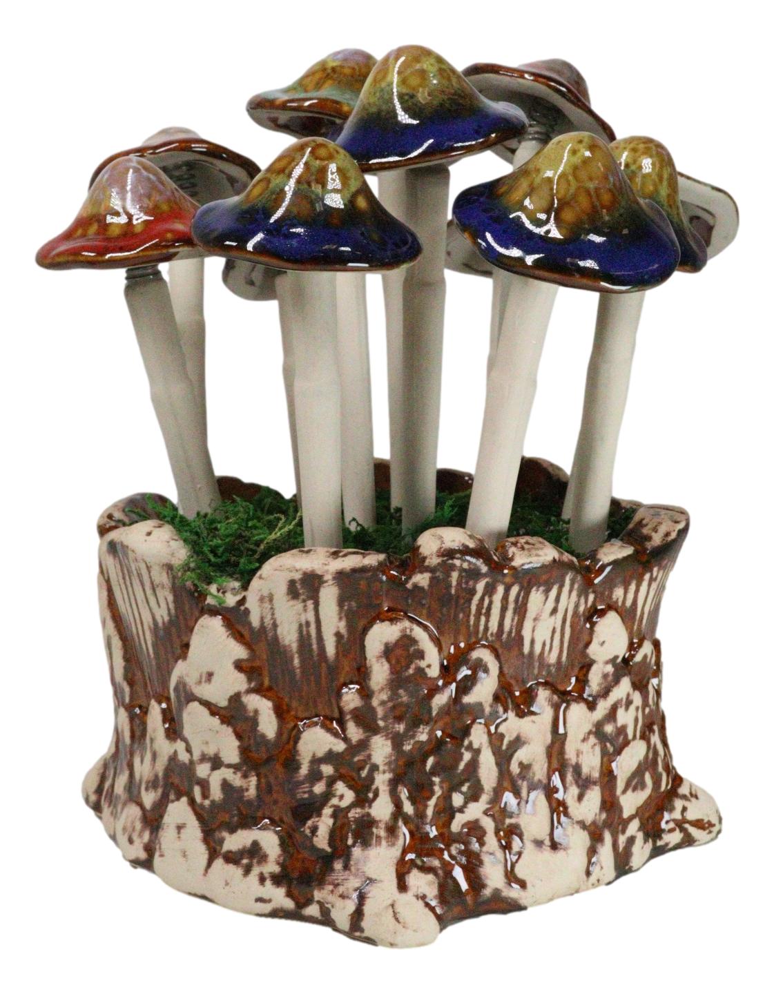 Fairy Garden Colorful 12 Piece Ceramic Mushroom Picks With Planter Holder Set