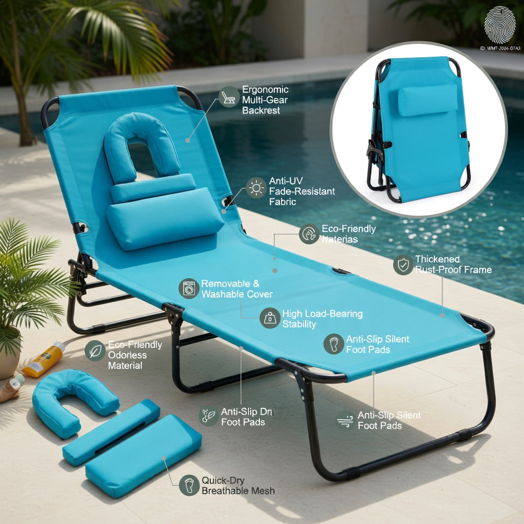 Hommoo Adjustable Beach Chaise Lounge Chair with Face Hole & Removable Pillows, Foldable Lightweight Tanning Lounger for Pool, Beach, Backyard, Navy