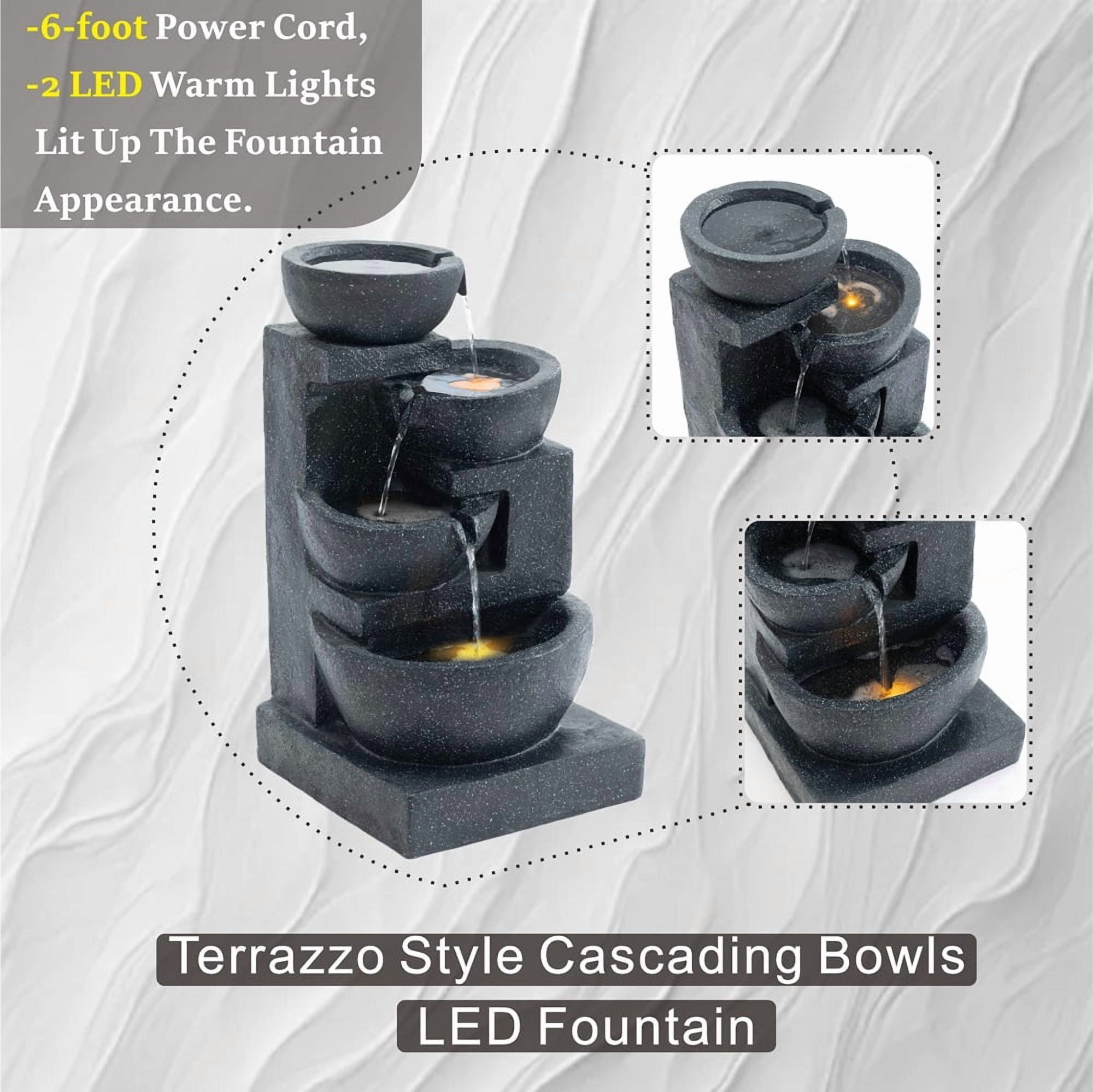 29 inch Terrazzo Style LED Outdoor Indoor Water Fountain with Cascading Bowls & Stacked Stones – 4-Tier Ideal Waterfalls