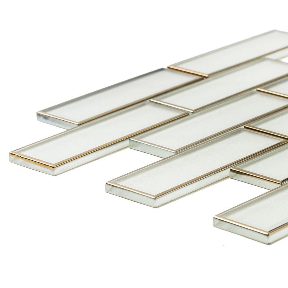 The Tile Life Athena 2" x 6" White/ Gold Glossy Glass Brick Mosaic Wall Tile, 1 Sheet