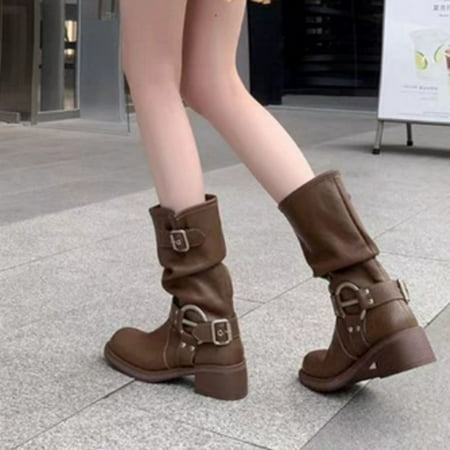 

Women s Genuine leather brown denim boots belt buckle mid length knight boots pleats fashionable