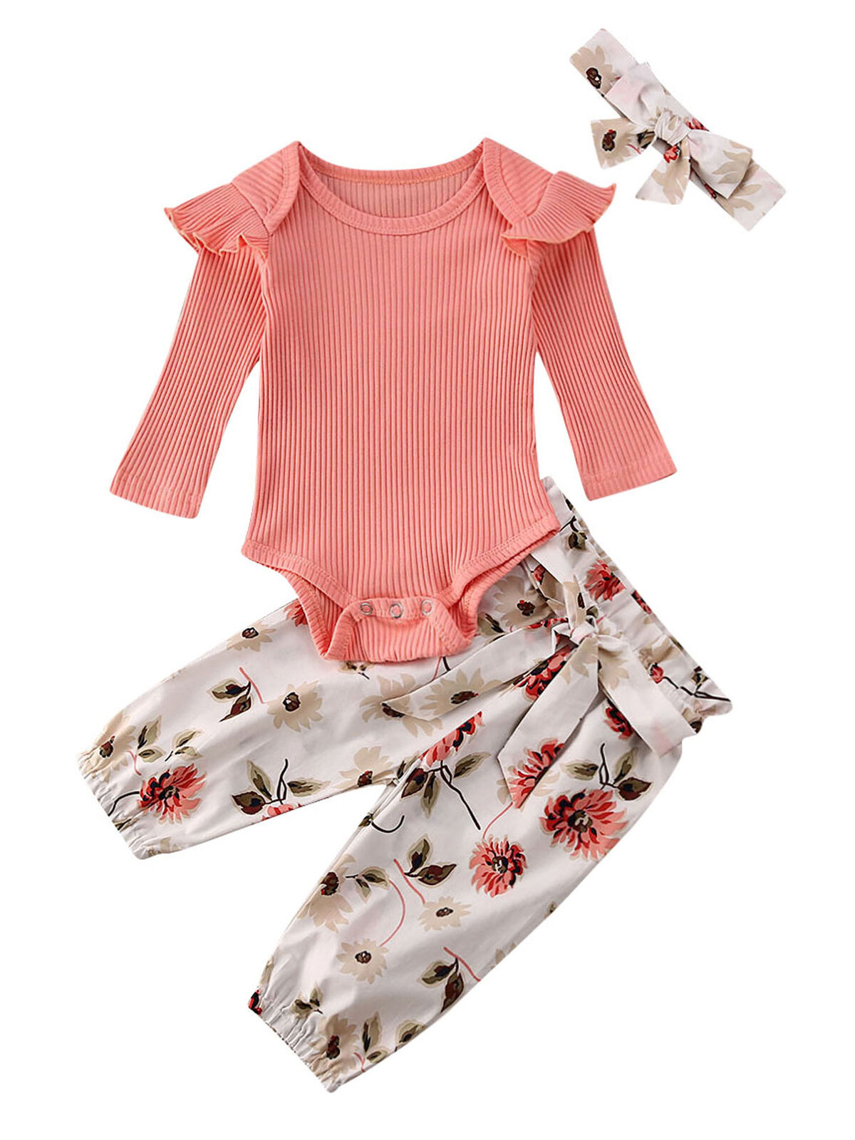 i-Auto Time Newborn Baby Girl Clothes Outfits Set Long Sleeve Ruffle Romper+Floral Bow Pants+Headband