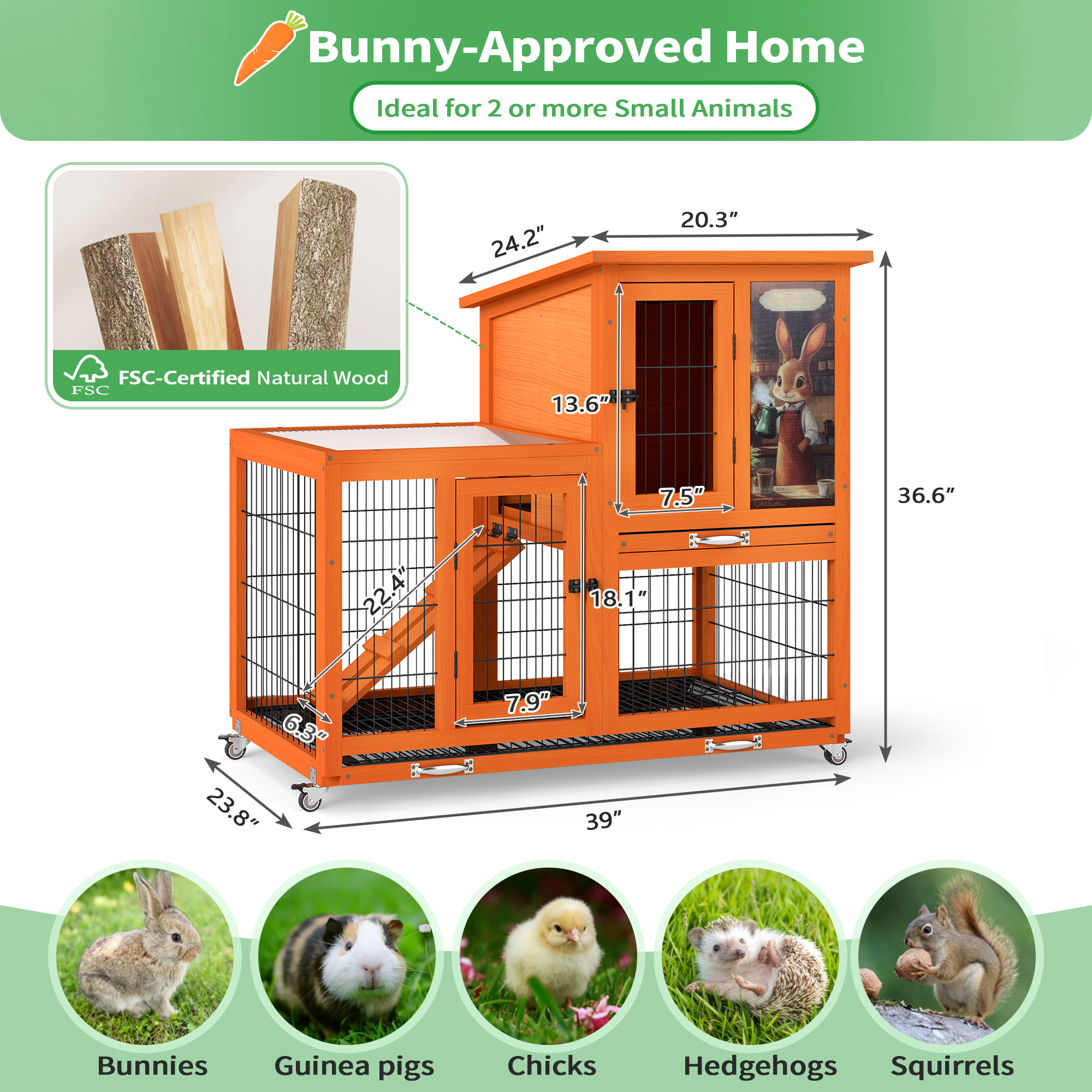 COZIWOW Rabbit Cage Indoor with Wire Bottom, 2-Level Large Wooden Bunny Hutch on Wheels Outdoor for Multiple Small Animals, Orange + Colorful Patterns