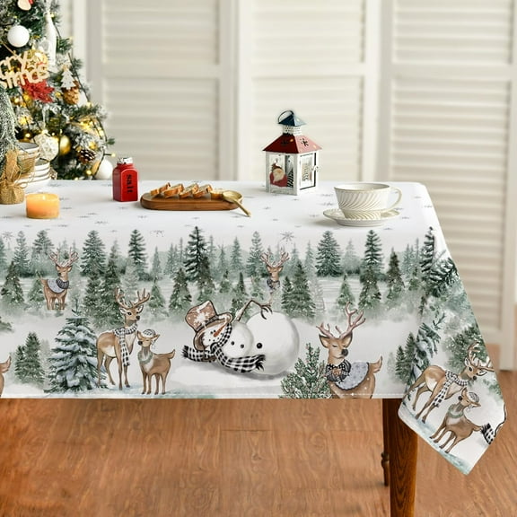 Christmas Tablecloth 60×84 Inch Rectangular, Deers Snowman Trees White Washable Table Cover for Party Picnic Dinner Decor
