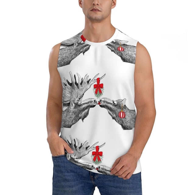 Bingfone Moose Kissing Under Mistletoe Pattern Men's Tank Tops Workout Sleeveless Tee Shirts Running Beach Tanks for Men-Medium