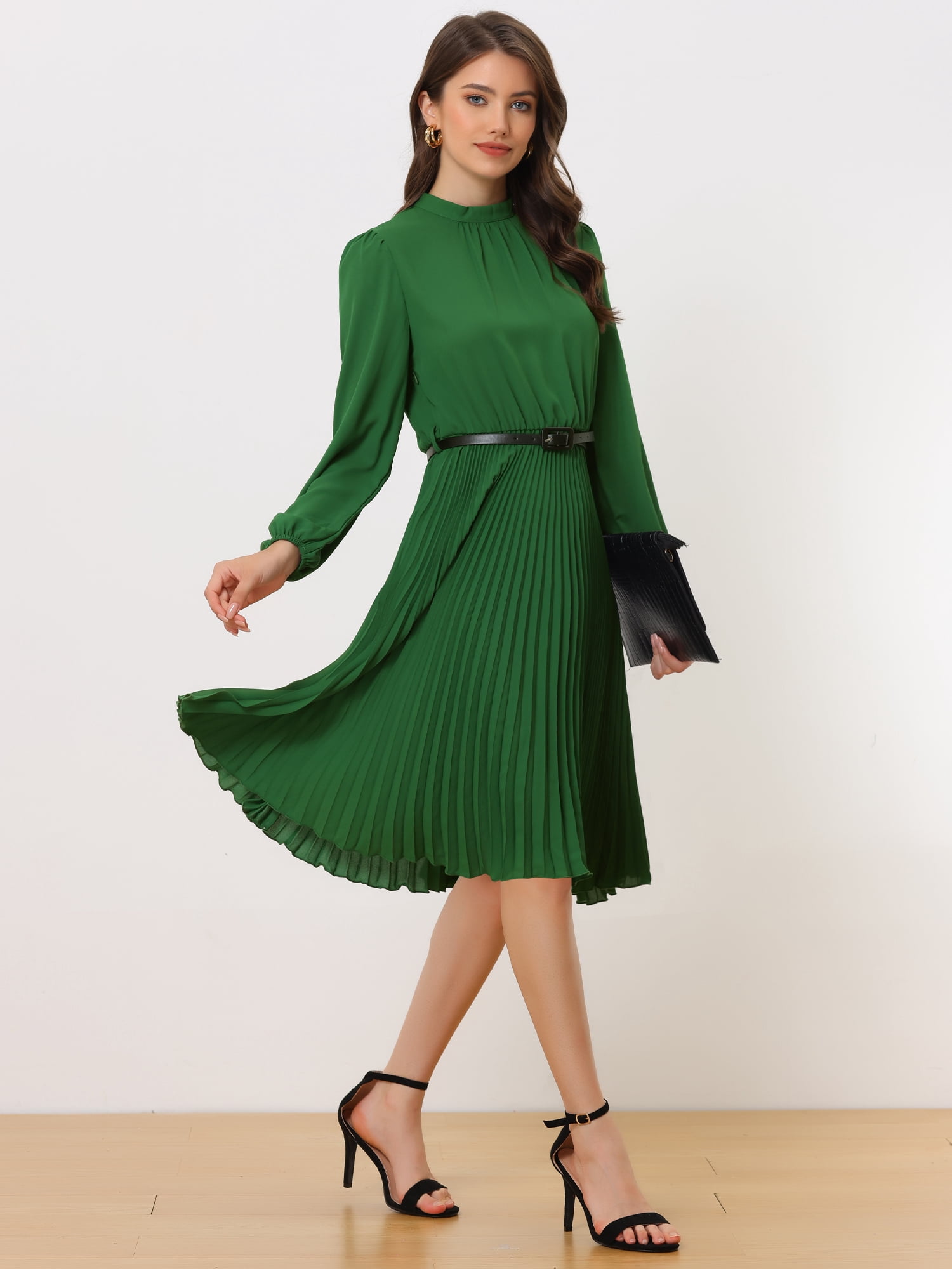 DARING DIVA Work Shirt Long Sleeve Pleated Midi Dress S Green