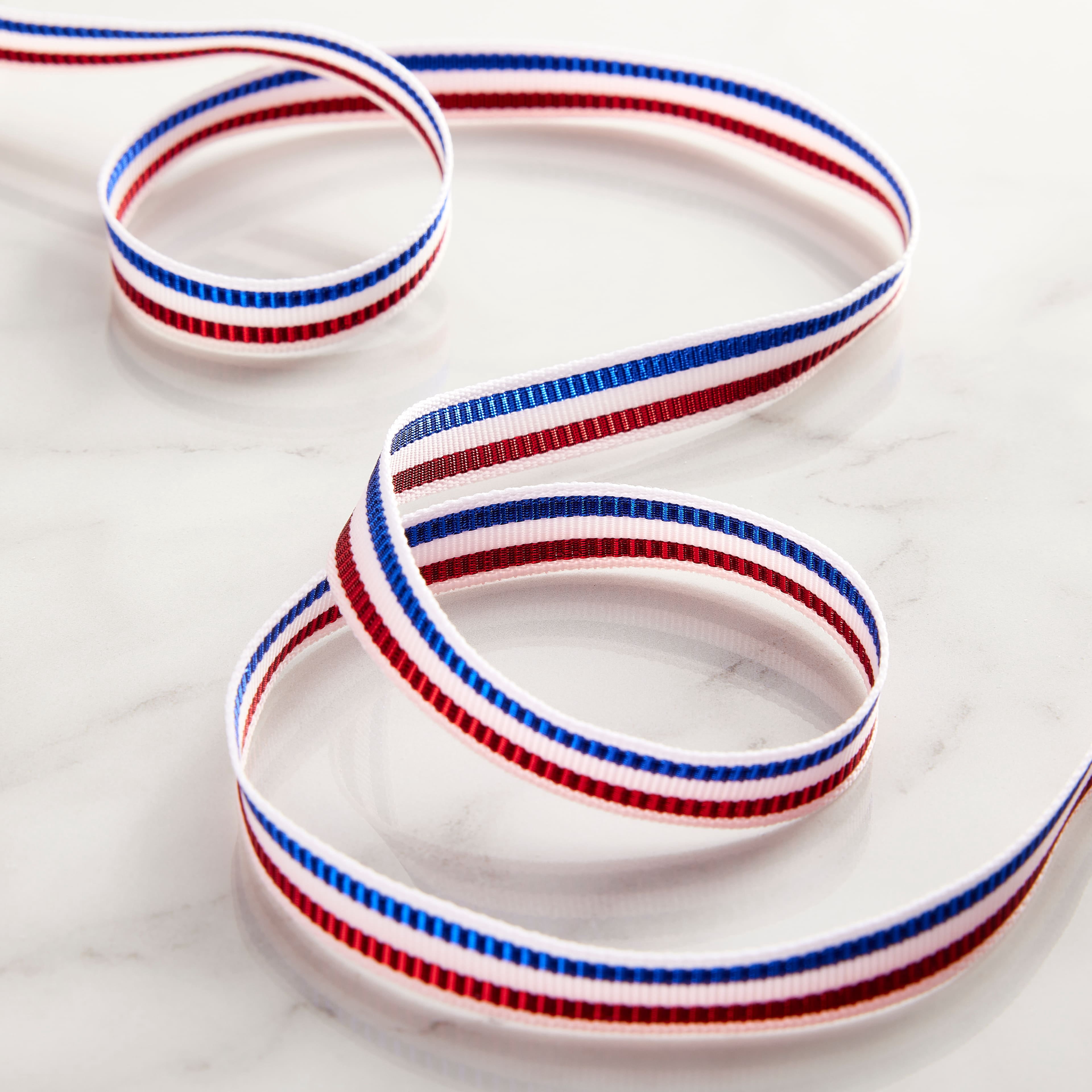 Celebrate It 3/8" x 7yd. Red, White & Blue Metallic Stripes Ribbon - Non-Wired Woven Edge, Ideal for Gift Wrapping, Crafts & Patriotic Decor, 12 Pack