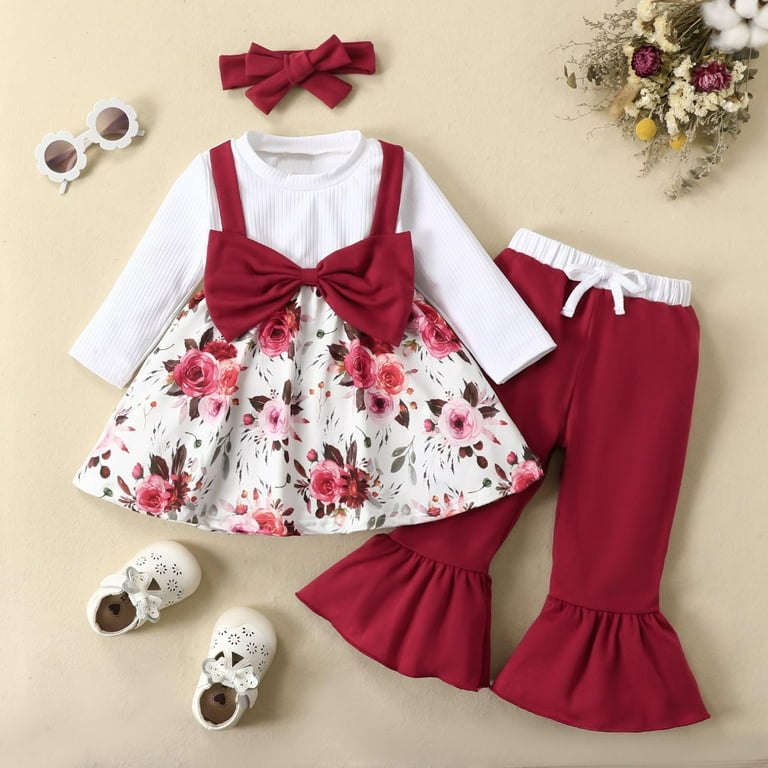 ZCFZJW Infant Toddler Baby Girls Clothes Spring Trendy Cute Floral Bow  Skirt Dress + Flared Long Pants+ Headband Set Gift 3PC Outfits for Girl  Wine