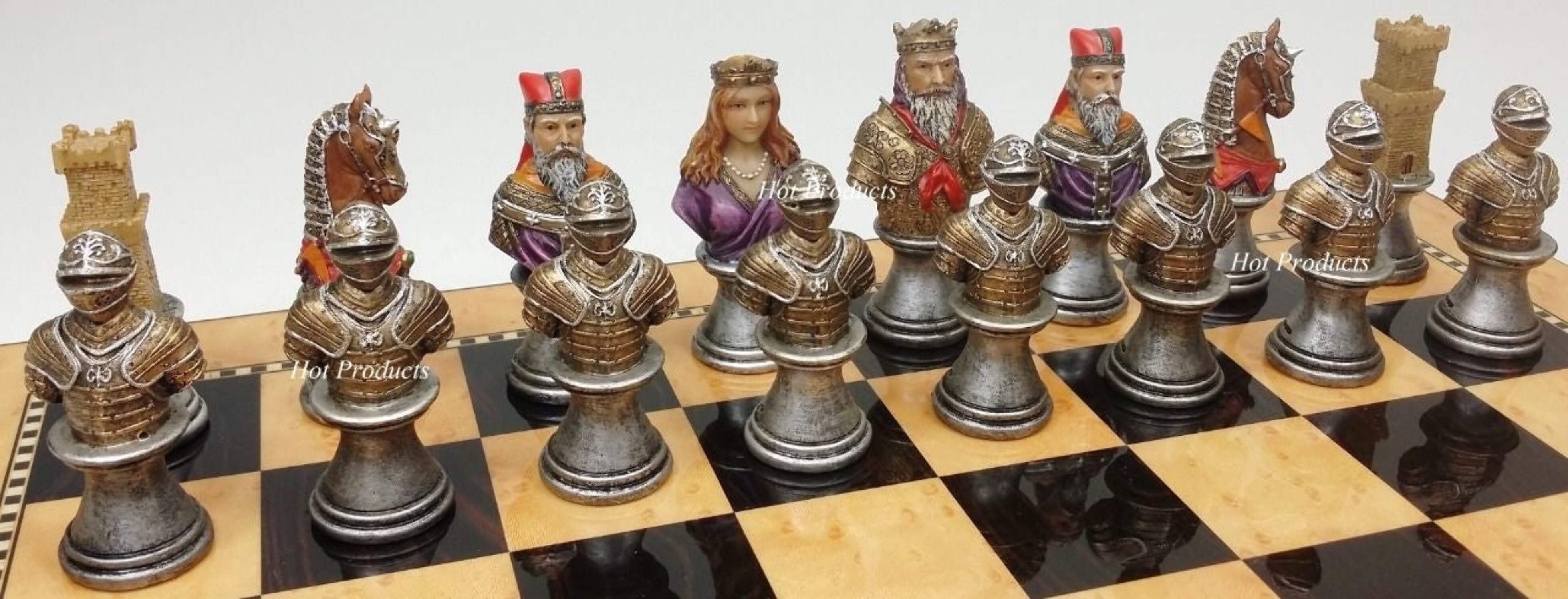 Medieval Times Crusades Busts PAINTED Chess Set 15" Walnut  Maple Color Board