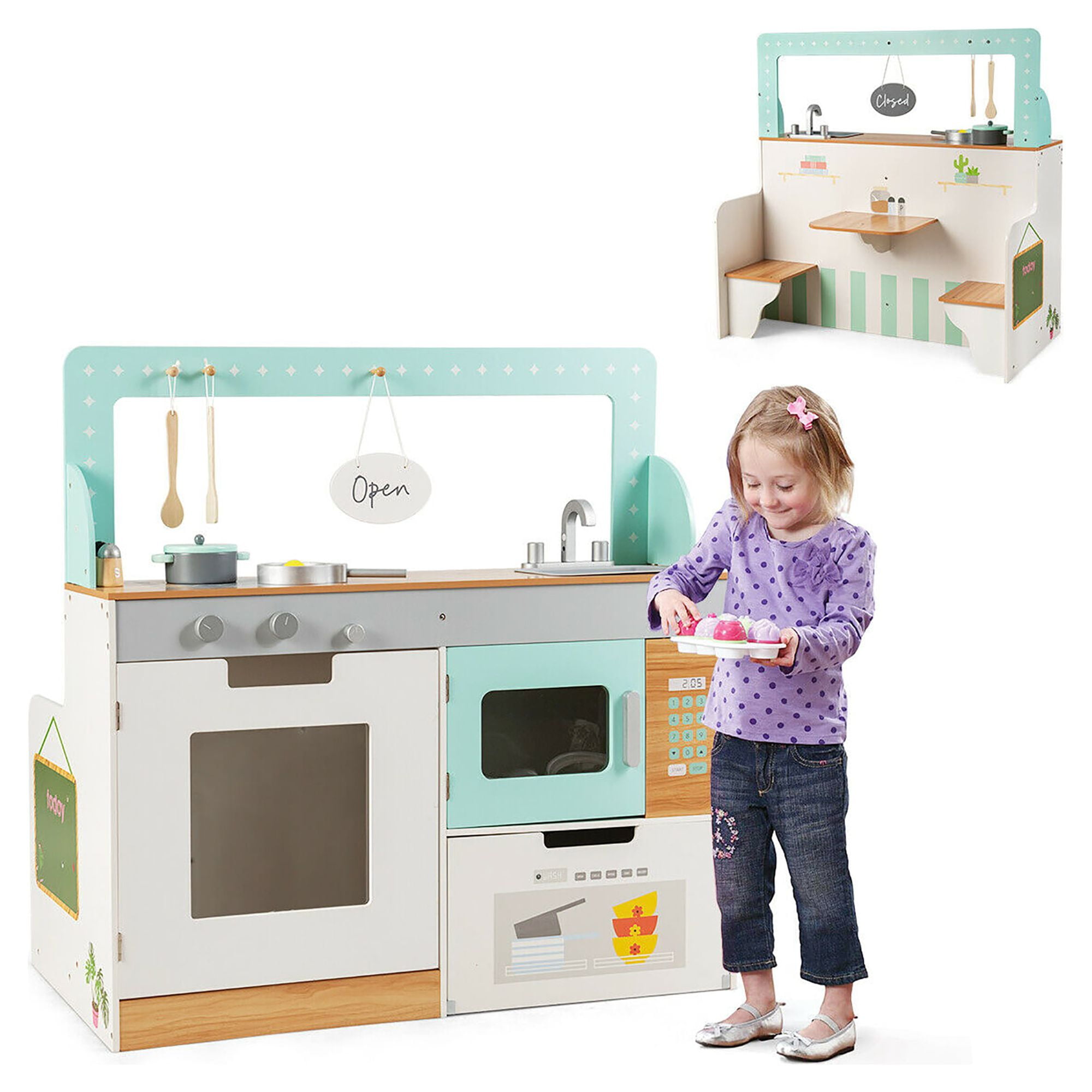 Costway in Kids Play Kitchen Diner Restaurant Wooden Pretend