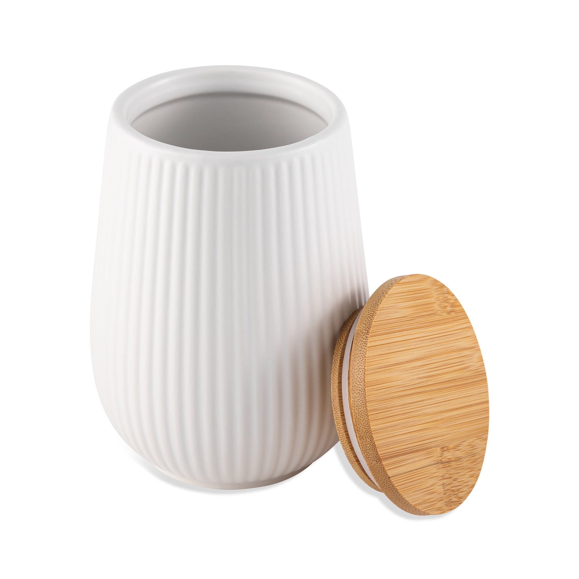 Thyme & Table Small (693 ml) Ceramic Ribbed Kitchen Organization Canister with Bamboo Lid, White