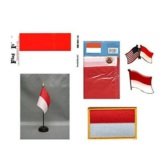 Indonesia Heritage Flag Pack - Includes a Indonesian 3x5' Flag, Vinyl Flag Decal, One Single & One Double Friendship Flag Lapel Pin, Miniature Desk Flag with Stand & One Iron-On Flag Patch