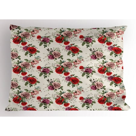 Shabby Chic Pillow Sham Summer Spring Romantic Valetines Day Themed Flowers Roses Leaf ...