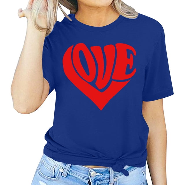 Meichang T-Shirt de la Saint-Valentin pour Femmes Mignons Cœurs Graphiques Hauts Mignons T-Shirts de Vacances Manches Courtes Col Rond Mode 2025