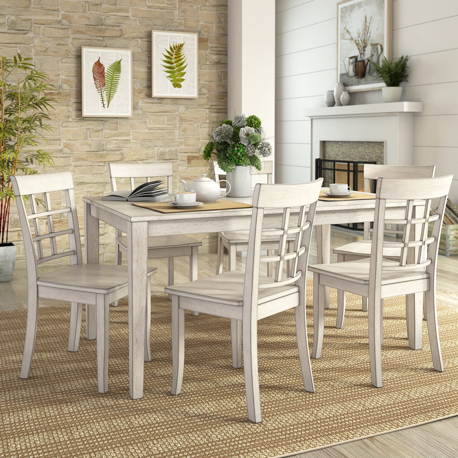 Lexington Large Wood Dining Set with 6 Window Back Chairs, White ...