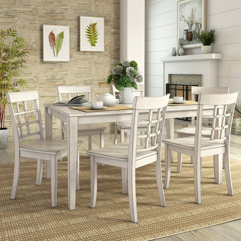 Lexington Large Wood Dining Set with 6 Window Back Chairs White
